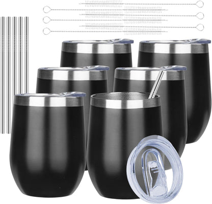 MEZMUT 12 Oz Insulated Wine Tumbler with Lid Double Wall Vacuum Stainless Steel Wine Glass Coffee Mug Insulated Tumbler Cup for Champaign, Cocktail, Beer (Black, 1 Pack)