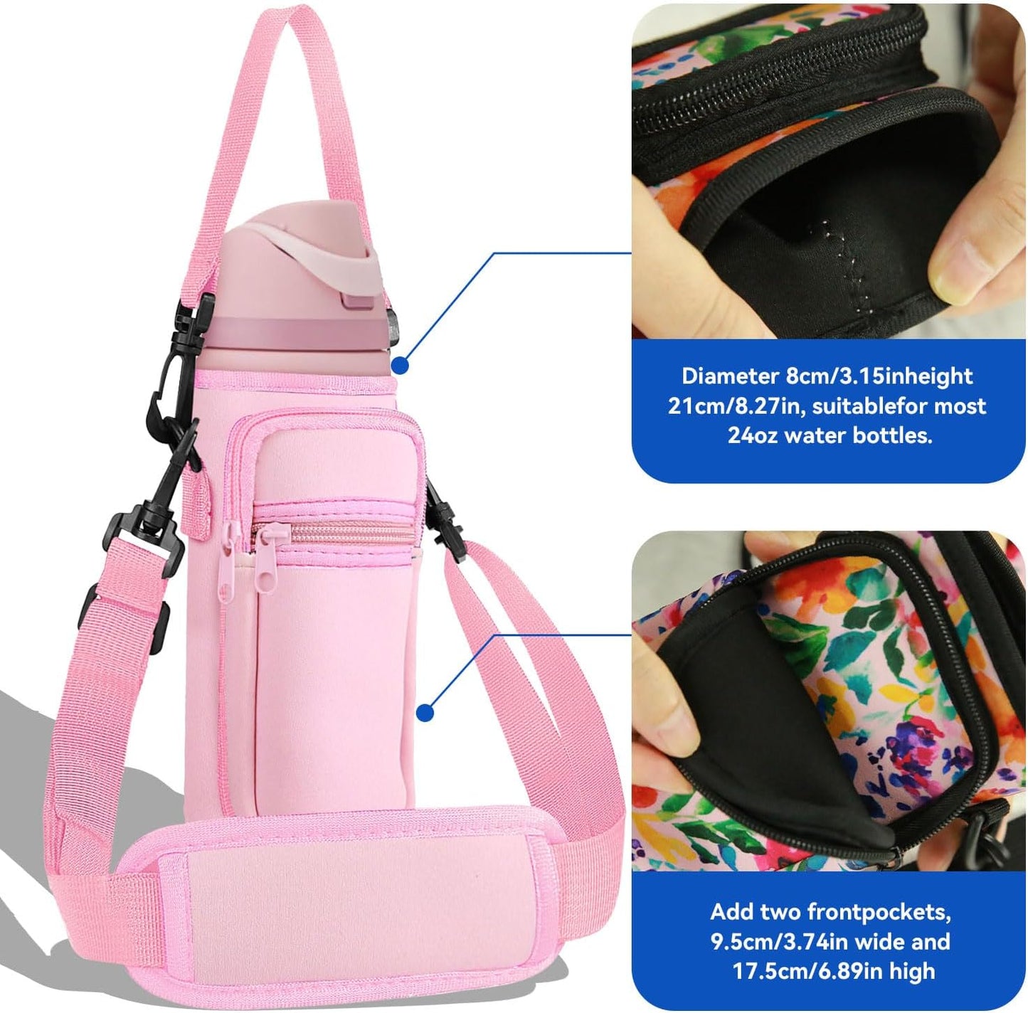Neoprene Water Bottle Holder Bag with Cell Phone Pocket Compatible with Owala FreeSip 24 oz，Water Bottle Carrying Bag ，with Adjustable Shoulder Strap,for 24oz Stainless Steel Water Bottle