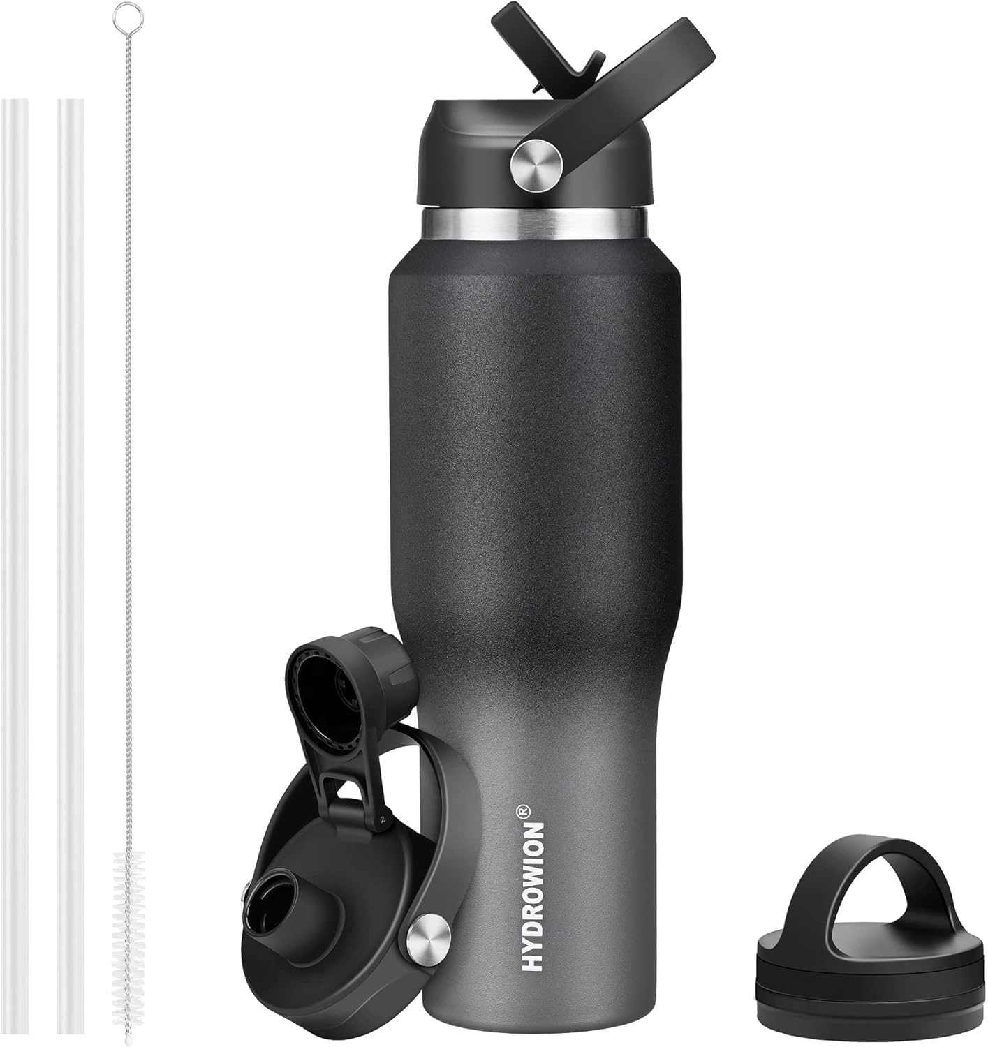 HYDROWION 32oz Stainless Steel Water Bottle(Cold for 48 Hrs, Hot for 24 Hrs),Double Wall Vacuum Insulated Water Bottle with Straw Lid, Spout Lid and Flex Cap, Fit in Any Car Cup Holder,Black