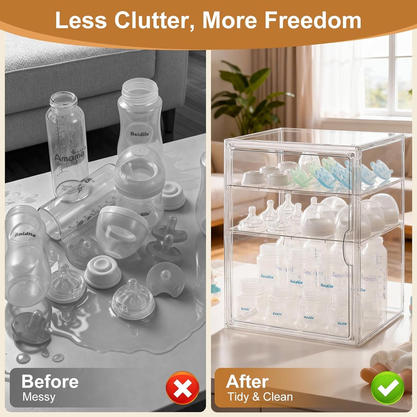 ERTIUANIO Baby Bottle Organizer – 3 Tier Bottle Storage Organizer Baby for Nipples, Pump Parts, Food Jars – Clear Acrylic Bottle Station Organizer for Countertop and Kitchen, Gifts for New Mom