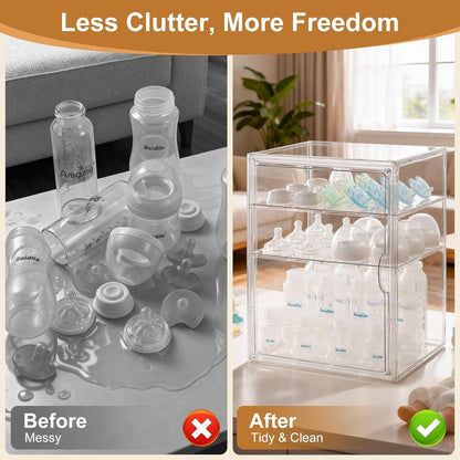 ERTIUANIO Baby Bottle Organizer – 3 Tier Bottle Storage Organizer Baby for Nipples, Pump Parts, Food Jars – Clear Acrylic Bottle Station Organizer for Countertop and Kitchen, Gifts for New Mom