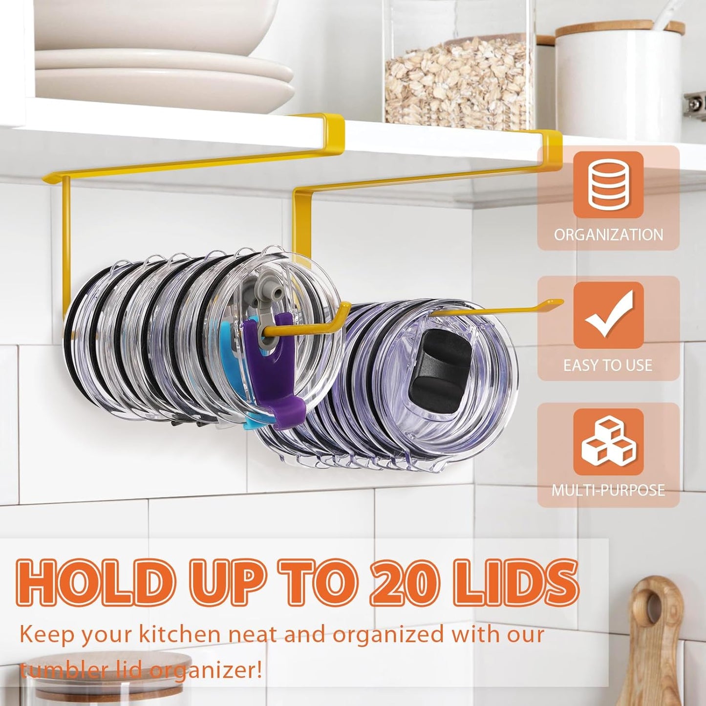 Tumbler Lid Organizer, Horizontal Tumbler Lid Storage Hook Up to 10 Lids, Space Saving Cup Lid Holders Under Cabinet Tumbler Lid Hook for Kitchen Organizer and Storage,Hanging Paper Towel Rack Hanger