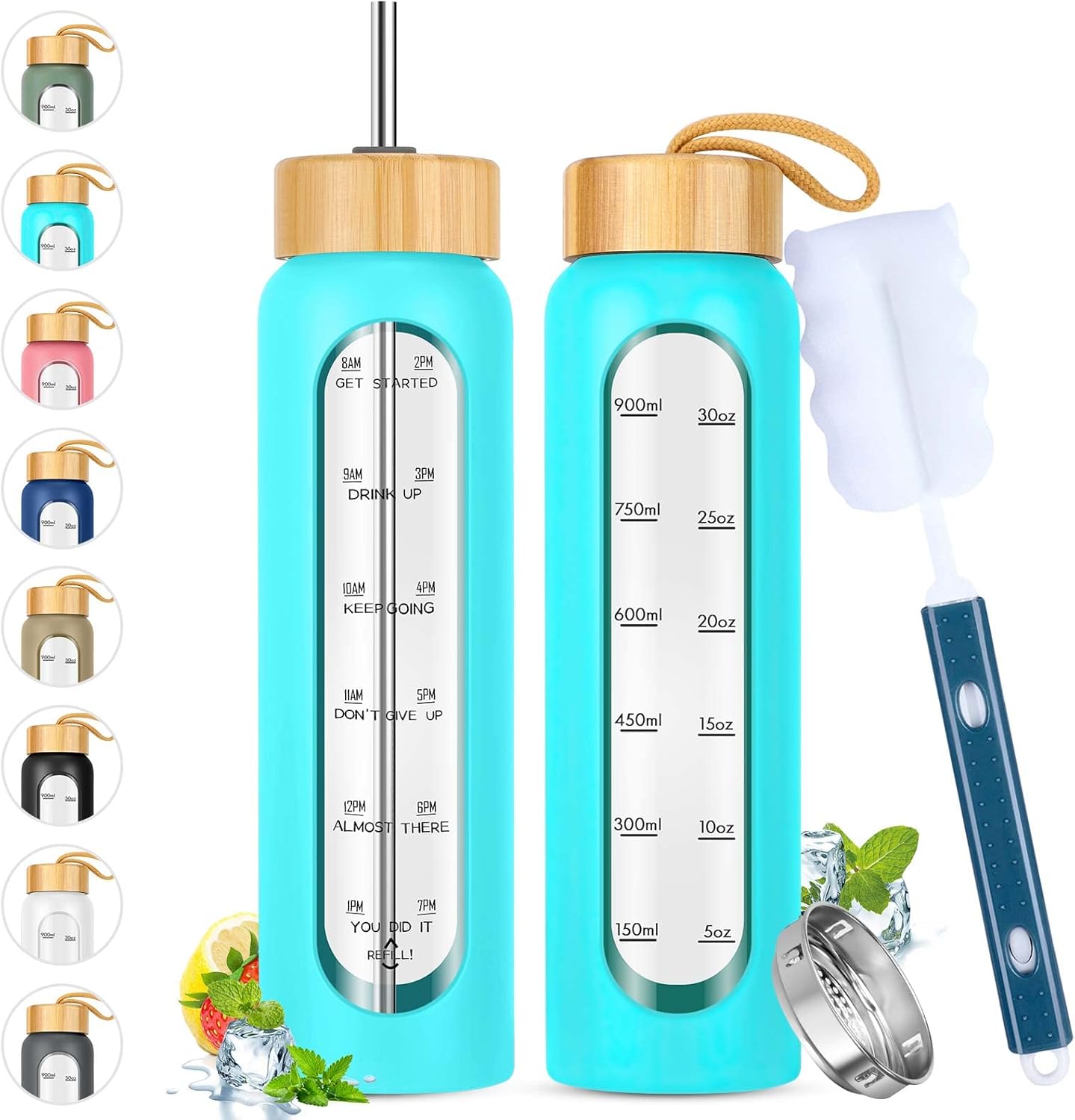 SipZest 32 oz Glass Water Bottle with Straw - Motivational Time Marker & Silicone Sleeve - Reusable Tumbler Includes 2 Bamboo Lids & Fruit Infuser - 1 Pack