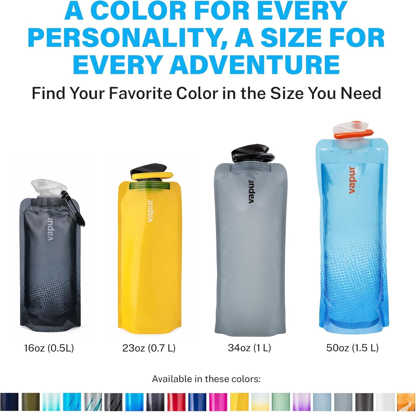 Vapur Collapsible Water Bottle with Carabiner - 34oz (1L), Night Blue - Flexible and Lightweight Water Bottle for Travel, Concert, Hiking, and Outdoor Adventures - BPA-Free, Dishwasher-Safe, Freezable