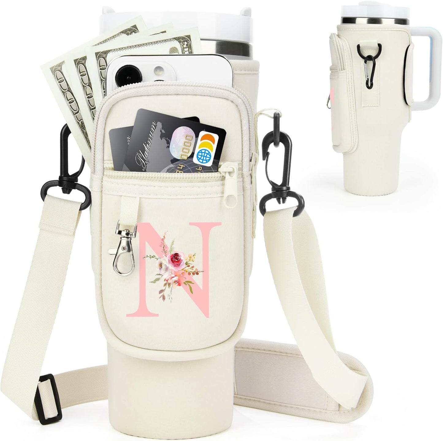 Initial Water Bottle Holder with Strap for Stanley Cup Accessories 40 oz/Simple Modern Tumbler, Birthdays for Women Girls, Water Bottle Carrier Bag with Phone Pocket,Hiking Walking Gym Camping