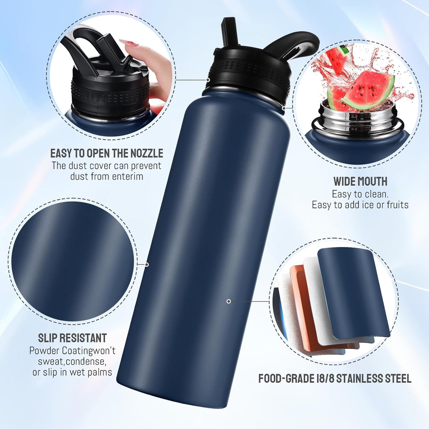 Insulated Water Bottles with Straw 40 oz Leak Proof, Vacuum Insulated Stainless Steel Sport Tumbler with 3 Lids Straw, Spout and Handle Lid for Sports, Gym or Office,Hot Pink