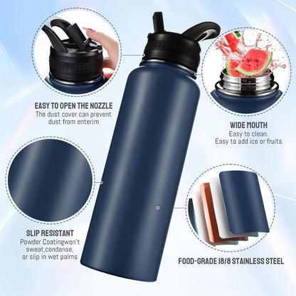 Insulated Water Bottles with Straw 40 oz Leak Proof, Vacuum Insulated Stainless Steel Sport Tumbler with 3 Lids Straw, Spout and Handle Lid for Sports, Gym or Office,Hot Pink