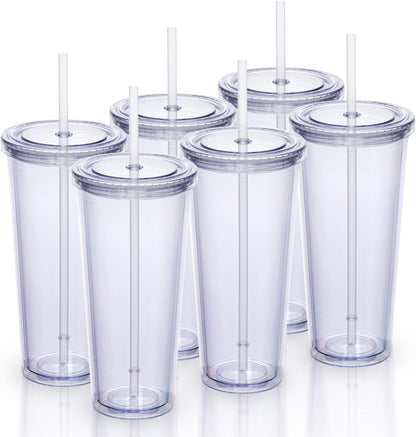 24oz Double Wall Plastic Tumblers with Lids and Straws | Large Classic Travel Tumbler | 4 Pack Set of 4 | Clear Reusable Cups with Straws | BPA Free