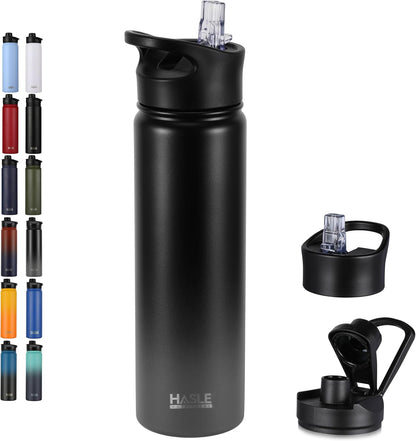 HASLE OUTFITTERS 32 oz Insulated Water Bottle Stainless Steel Double Walled Vacuum Sports Water Bottle with 2 Lids (Straw and Spout Lid) for Gym Camping Hiking(Black,1)