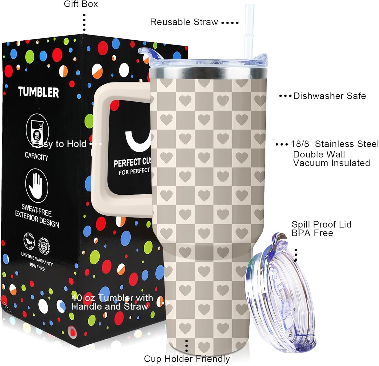 40 oz Tumbler with Handle and Straw Lid Leak Proof | You're Awesome Inspirational Mother's Day Birthday Gifts for Women Men Coworker Friends | Stainless Steel Cup Dishwasher Safe