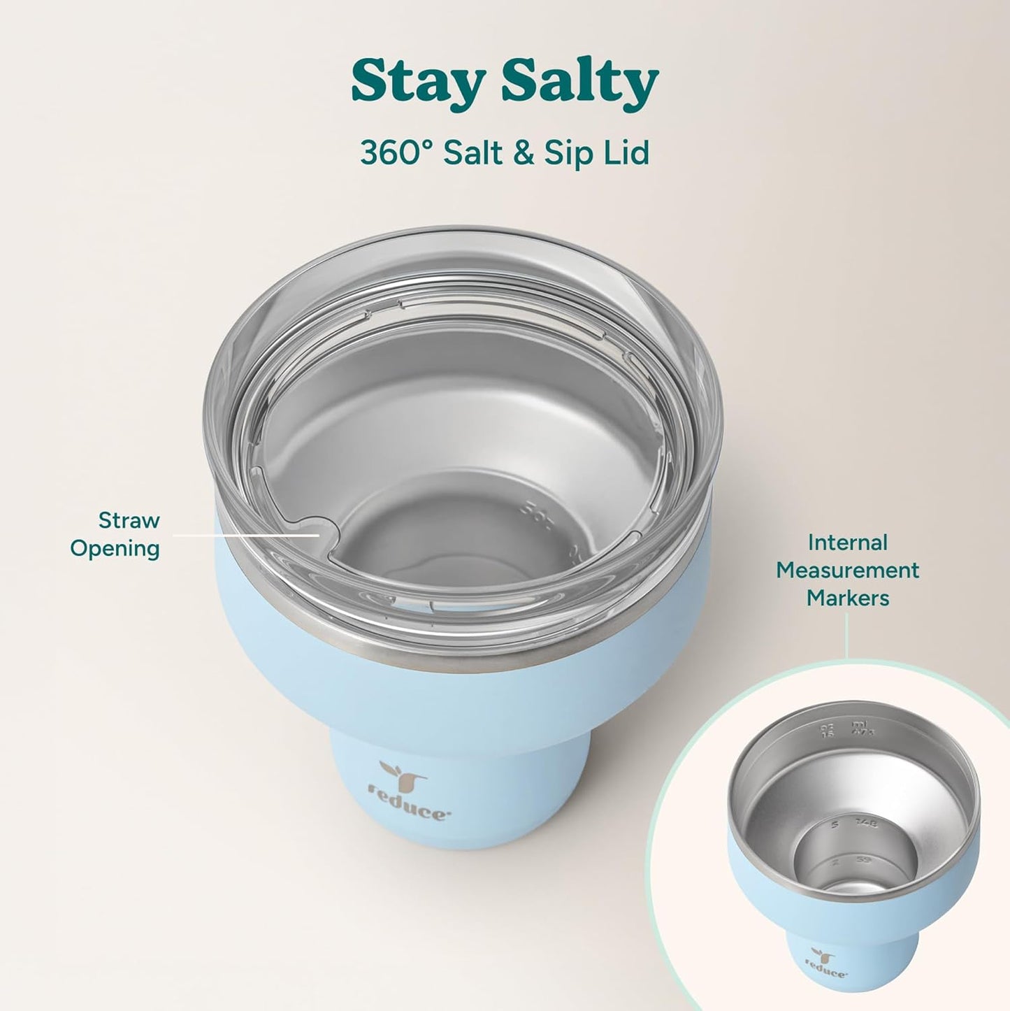 REDUCE Saltini 16 oz Cocktail Tumbler - Insulated Margarita Tumbler with Lid - Keeps Drinks Cold for 10 Hours - 360 Sippable Martini Glass Alternative - Shatterproof, Perfect for Parties - Cloud Blue
