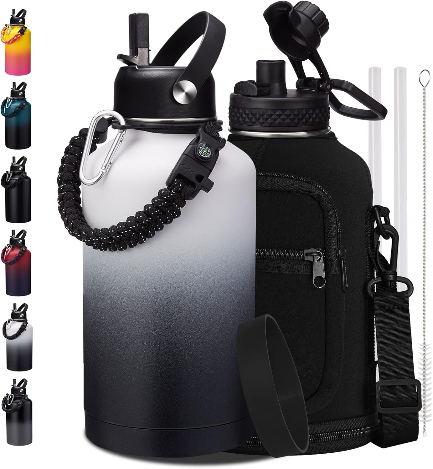 32/40/64OZ Insulated Water Bottle - Keep Cold 48H Hot 24H, Combo Straw/Spout Lids, Paracord Handle for Gym/Hiking, Carrier Bag +Strap, Cup Mat, BPA-Free Stainless Steel Flask Jug