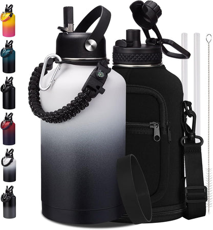 32/40/64OZ Insulated Water Bottle - Keep Cold 48H Hot 24H, Combo Straw/Spout Lids, Paracord Handle for Gym/Hiking, Carrier Bag +Strap, Cup Mat, BPA-Free Stainless Steel Flask Jug
