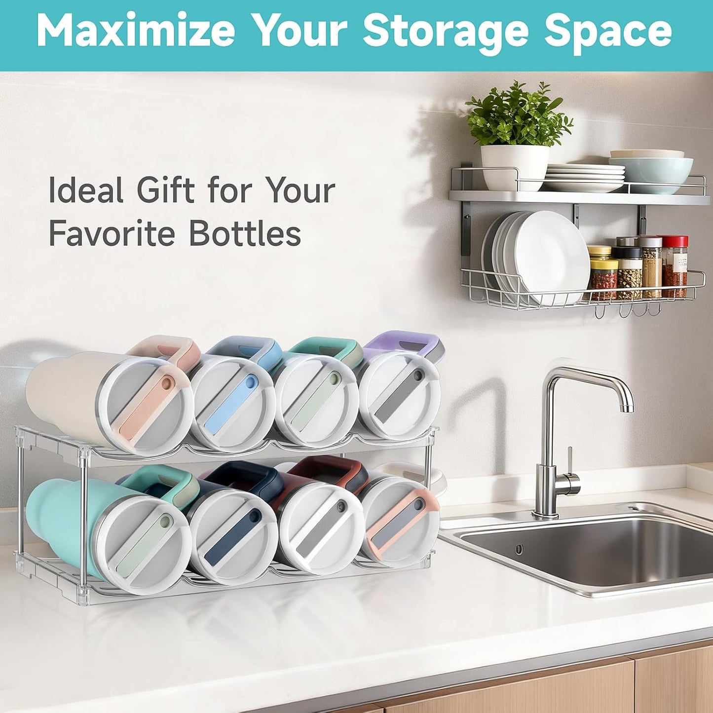 Stackable Water Bottle Organizer, Large Compartment Water Bottle Holder for Stanley 40 oz Tumbler, Kitchen Storage Organizer for Stanley Cup Accessories, Tumbler Organizer Wine Rack - Hold 16 Bottles