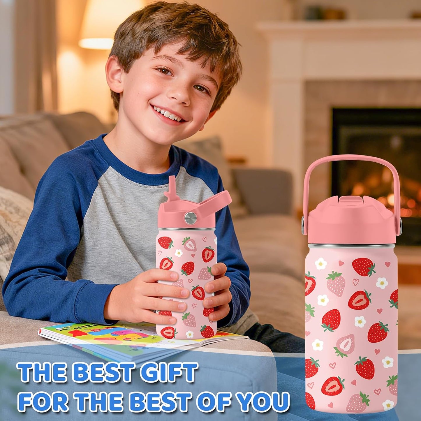 Strawberry Gifts for Kids - 16oz Pink Kids Water Bottle with Straw Lid, Stainless Steel Insulated Water Bottle, Leakproof, BPA-Free, for Girls, School, Strawberry Lover Children Birthday Gift Cup(1pc)