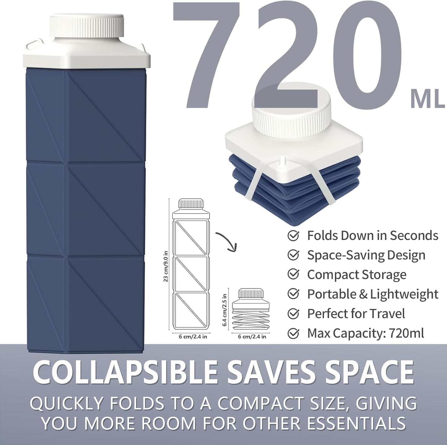 BEAUTAIL Collapsible Water Bottles 24.3oz, Foldable Travel Water Bottle, Portable & Lightweight, Leakproof & Reusable for Traveling Camping Hiking Yoga Sports Outdoor School Office