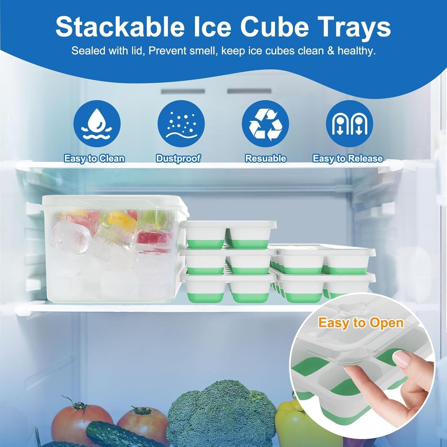 Ice Cube Tray with Lid, 3 Pack Silicone Easy-Release Ice Trays for Freezer, Stackable Ice Cube Molds for Drinks, Cocktails, Whiskey, Coffee - BPA-Free and Odor-Free,Ice Cube Trays for Freezer