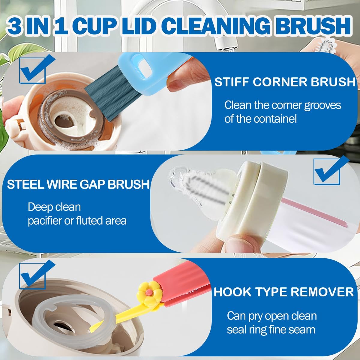 3 in 1 Cup Lid Cleaning Brush, 4PCS Multifunctional Crevice Cleaning Brush for Water Bottle Insulated Cup Tumbler Lid Groove Narrow Space Detail Cleaner Home Kitchen Gadgets