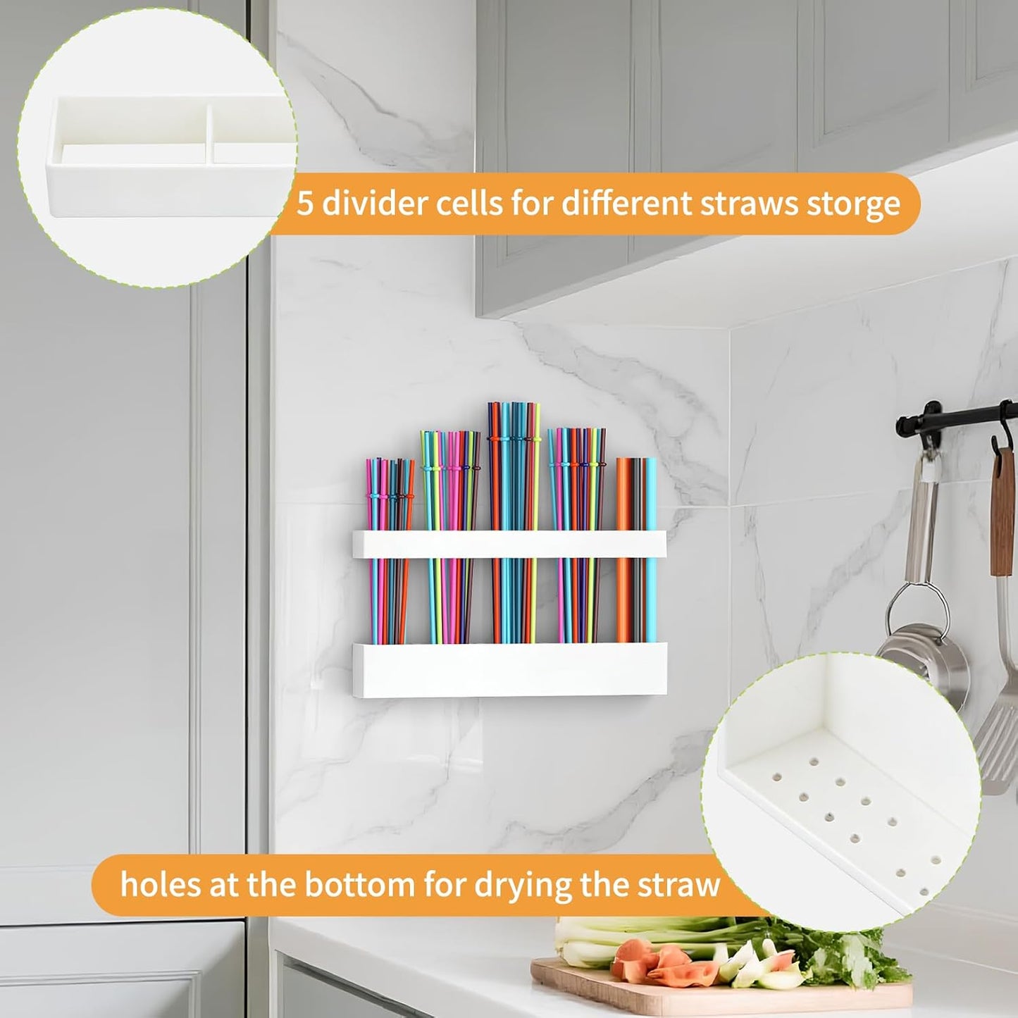 Straw Holder for Cabinet Door, Reusable Tumbler Straw Organizer Storage Container Mount for Kitchen Counter Cupboard Door (Transparent, 9.5inch)