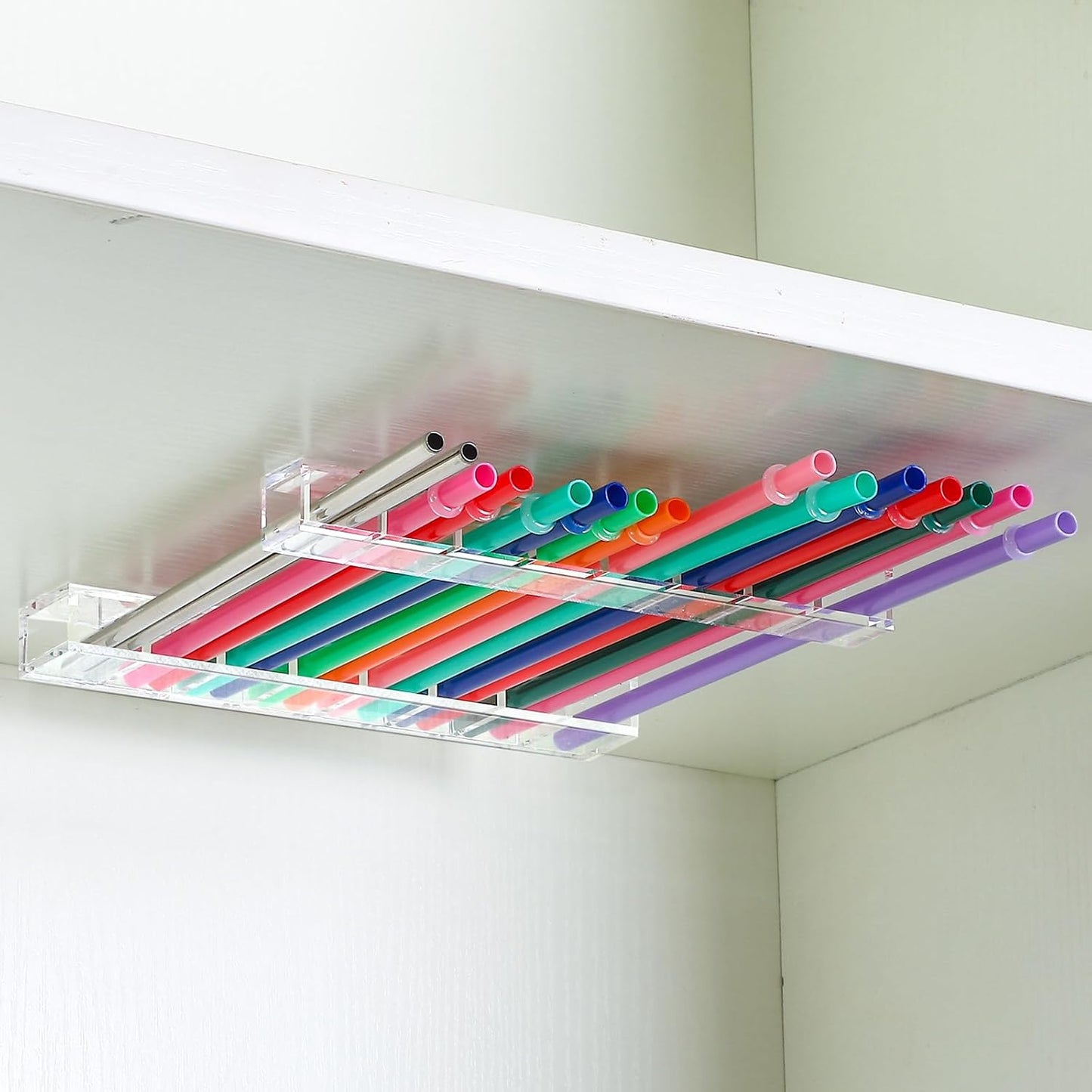 Baderke Straw Holder for Cabinet Reusable Straw Organizer with Double Sided Adhesive Tape Screws Storage Container for Kitchen Counter Cupboard(White,Classic)