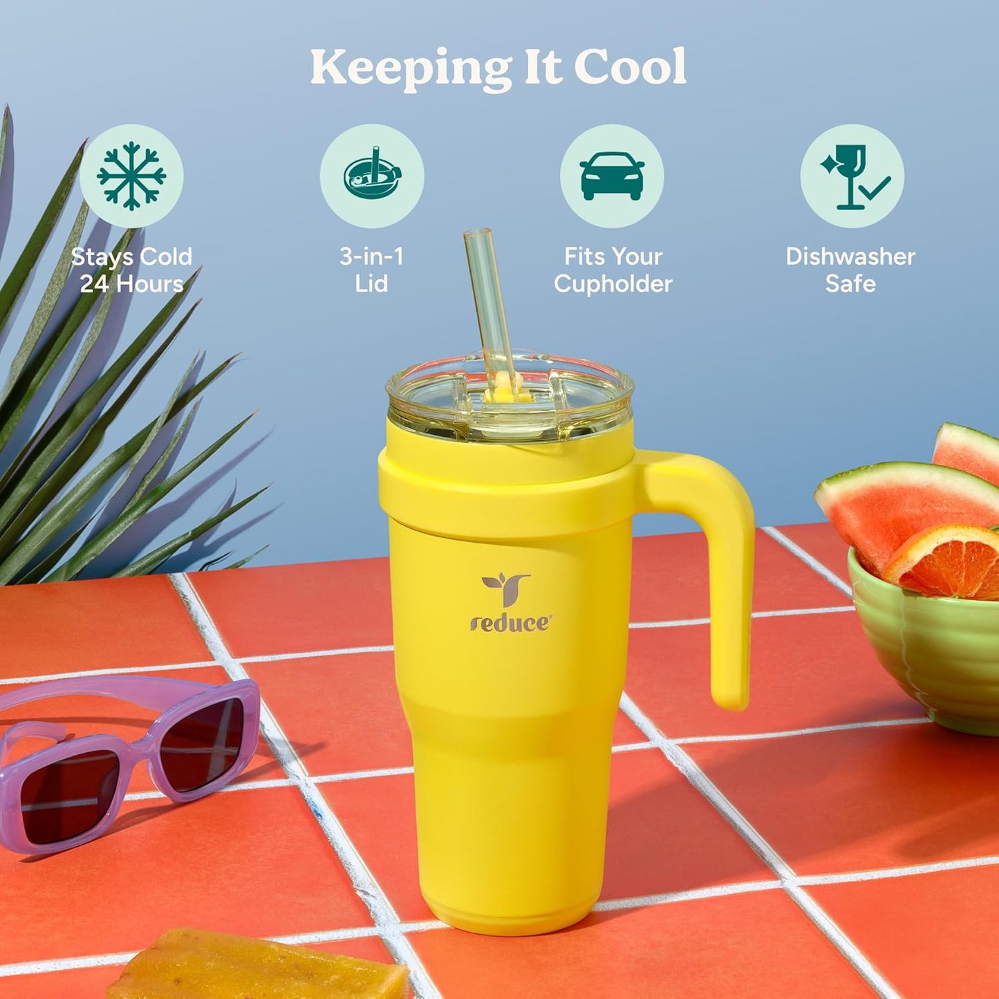 REDUCE 24 oz Stainless Steel Tumbler with Handle - Dual-Wall Vacuum Insulated Travel Mug, Sweat-Proof Lid & Reusable Straw - Keeps Drinks Cold for 24 Hrs, Fits Cupholders, Dishwasher Safe - Lilac Bud
