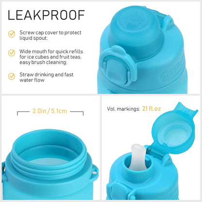 TakeToday Collapsible Water Bottles 21oz (600mL), Foldable Platinum Silicone Travel Water Bottle with Straw & Carry Strap, Leak-Resistant Screw Lid, Wide Mouth, BPA-Free for Hiking, Camping, Travel