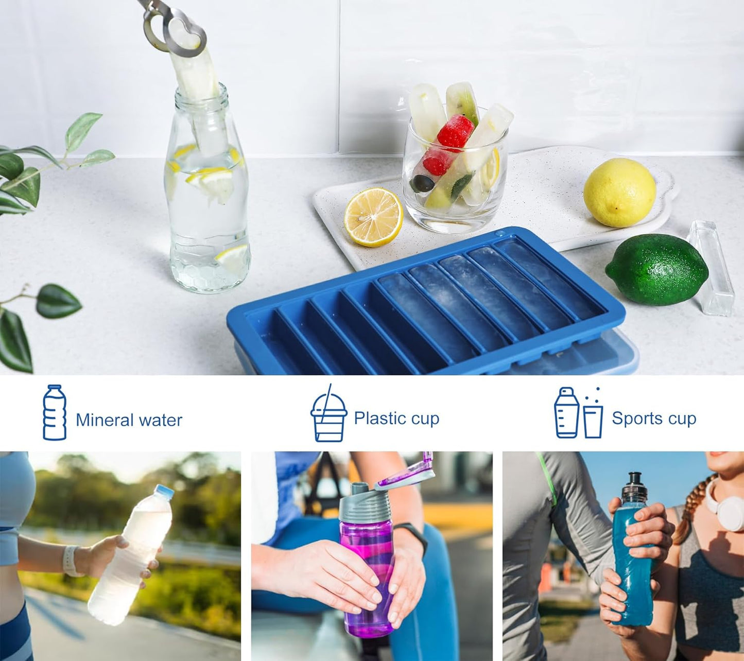 Koluti Nonstick Silicone 9 Ice Cubes Freezer Tray with Plastic Lid, 2-Pack Water Bottle Long Narrow Stick Ice Cube Mold Maker, Ideal for Sport Bottles, Cocktail and Whisky, Dishwasher Safe & BPA Free