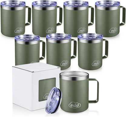 12oz Insulated Coffee Mug with Handle, Stainless Steel Wide Mouth Travel Tumblers with Lid, Double Wall Vacuum Coffee Cup for Camping, Office, Army Green 4 Pack