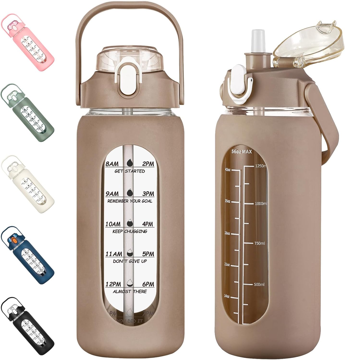 64oz Glass Water Bottles with Straw, Half Gallon Motivational Glass Bottle with Silicone Sleeve and Time Marker, 2L Leakproof Large Glass Water Jug for Gym Home Office,olive