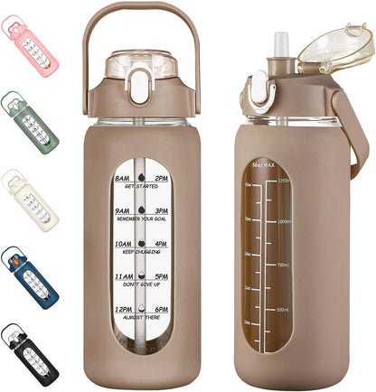 64oz Glass Water Bottles with Straw, Half Gallon Motivational Glass Bottle with Silicone Sleeve and Time Marker, 2L Leakproof Large Glass Water Jug for Gym Home Office,olive