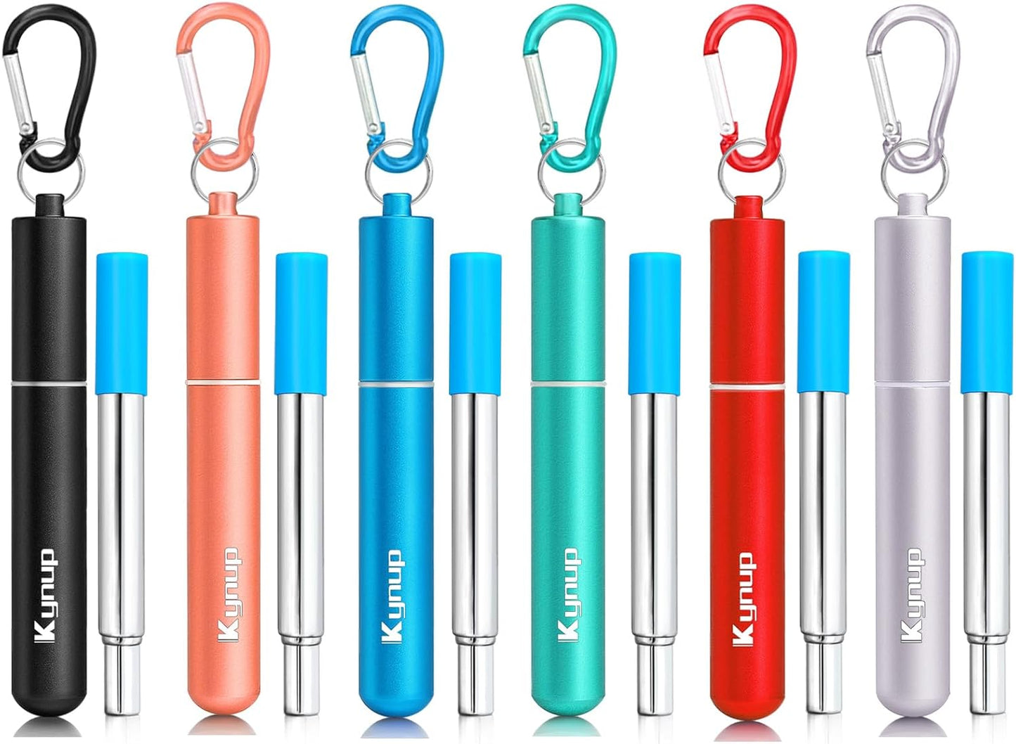 Kynup 4Packs Reusable Straws, Metal Straw with Silicon, Travel Drinking Straws with Case, Keychain, Cleaning Brushes, Silicon Pcs Perfect for Travel, Gifts (20 PCS) Blue-Black-Silver-Turquoise