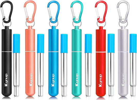 Kynup 4Packs Reusable Straws, Metal Straw with Silicon, Travel Drinking Straws with Case, Keychain, Cleaning Brushes, Silicon Pcs Perfect for Travel, Gifts (20 PCS) Blue-Black-Silver-Turquoise