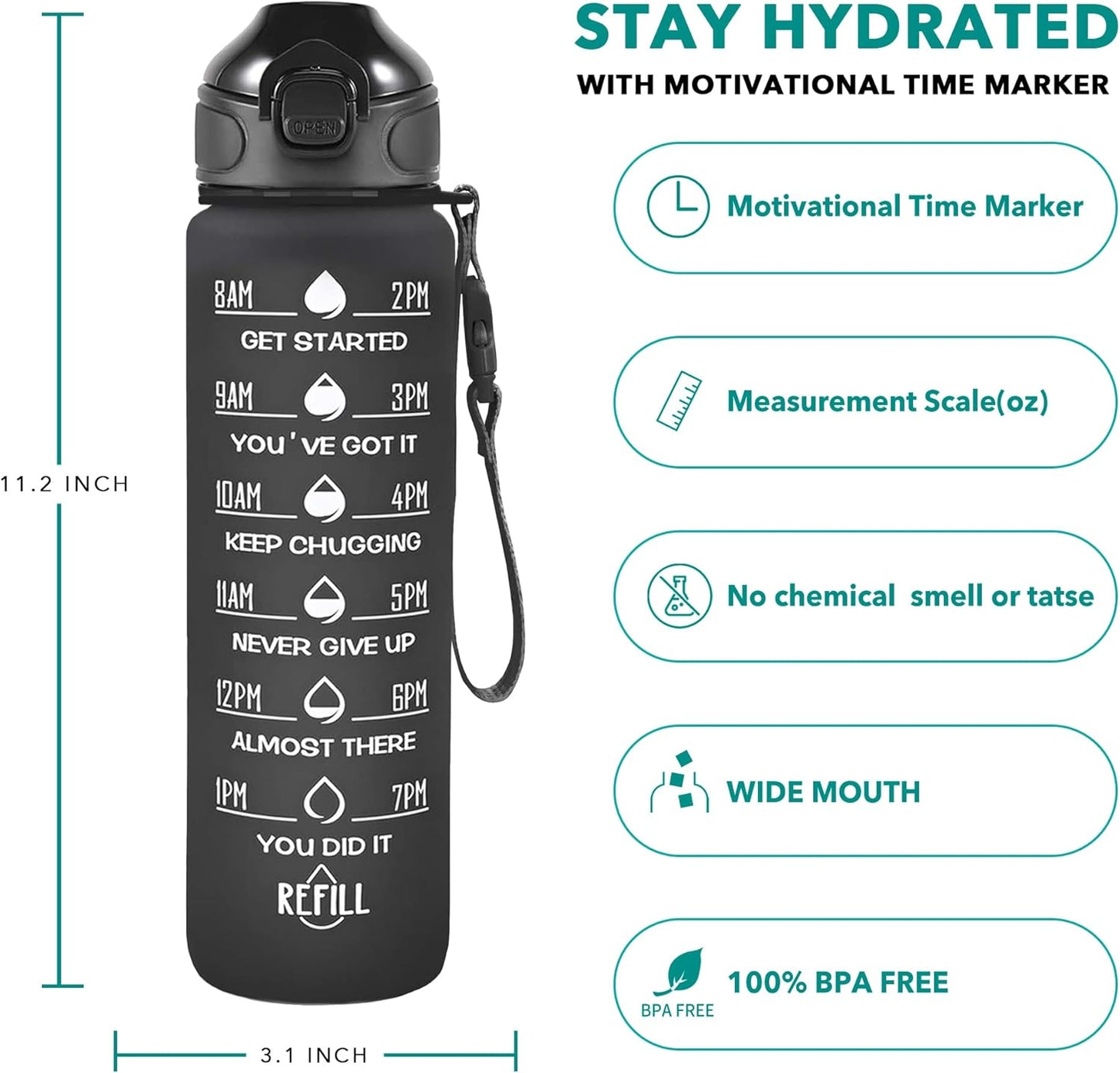 Enerbone 32 oz Drinking Water Bottle with Times to Drink and Straw, Motivational with Carrying Strap, Leakproof BPA & Toxic Free, Ensure You Drink Enough Water for Fitness Gym Outdoor