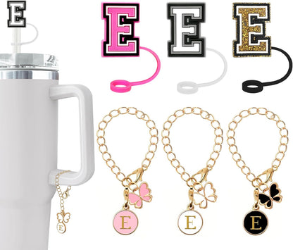 （3 +3) 3PCS Nuozme Straw Cover 10mm For Stanley Tumbler Cup Reusable Straw Cap Topper with 3 Initial Letter Charms Accessories Name ID Personalized Handle Charm For Stanley 30&40 Oz Cup Tumbler - Colors B