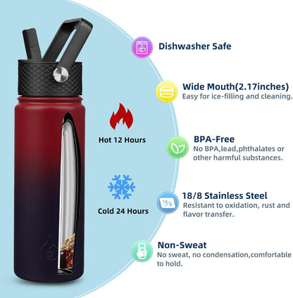 BJPKPK Insulated Water Bottles with Straw Lid, 40oz Stainless Steel Water Bottles with 3 Lids, BPA Free Leakproof Thermo, Tumblers, Cups for Sports, Gym- Midnight - Colors A