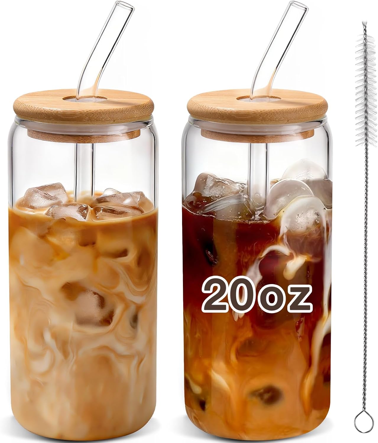 DWTS DANWEITESI Iced Coffee Cups with Lids 2 pcs,16 oz Glass Cups with Lids and Straws as Coffee Bar Accessories,Beer Drinking Glasses,Reusable Glass Tumbler,Cute Coffee Cups for Coffee, Juice, Gifts