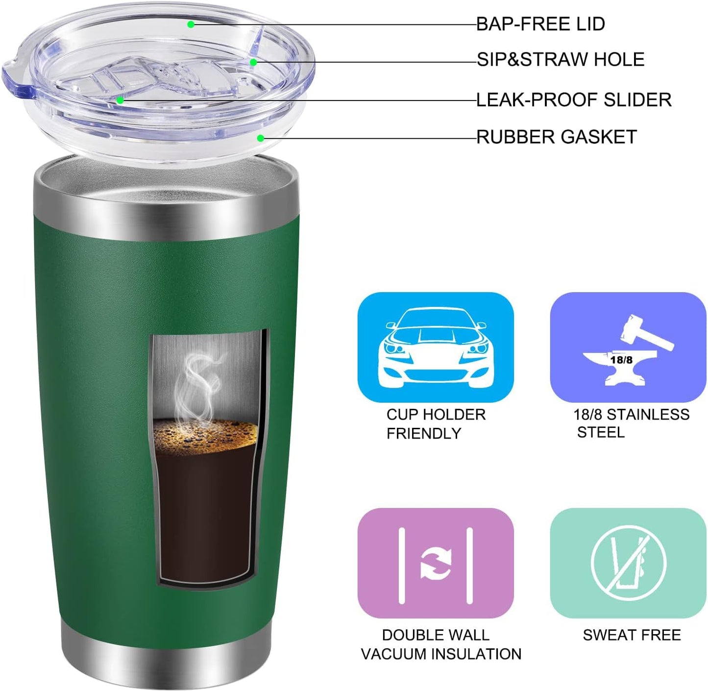 VEGOND 20oz Tumbler with Lid and Straw Stainless Steel Tumbler Cup Bulk Vacuum Insulated Double Wall Travel Coffee Mug Powder Coated Coffee Cup, Black, 12 Pack