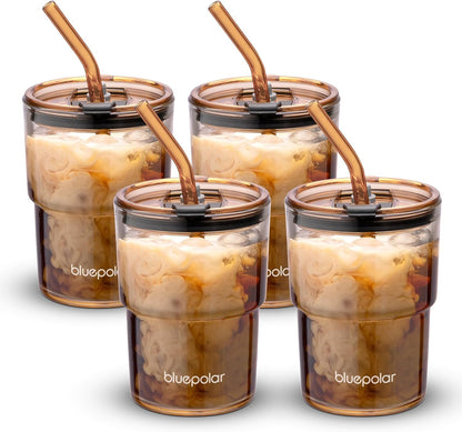 BLUEPOLAR 13oz/400ml Glass Water Tumbler with Straw and Lid Sealed Carry On Thick Wall Iced Coffee Cup Glass Cup for Water, Iced Tea Fruit Juice Etc (White-2Pack)