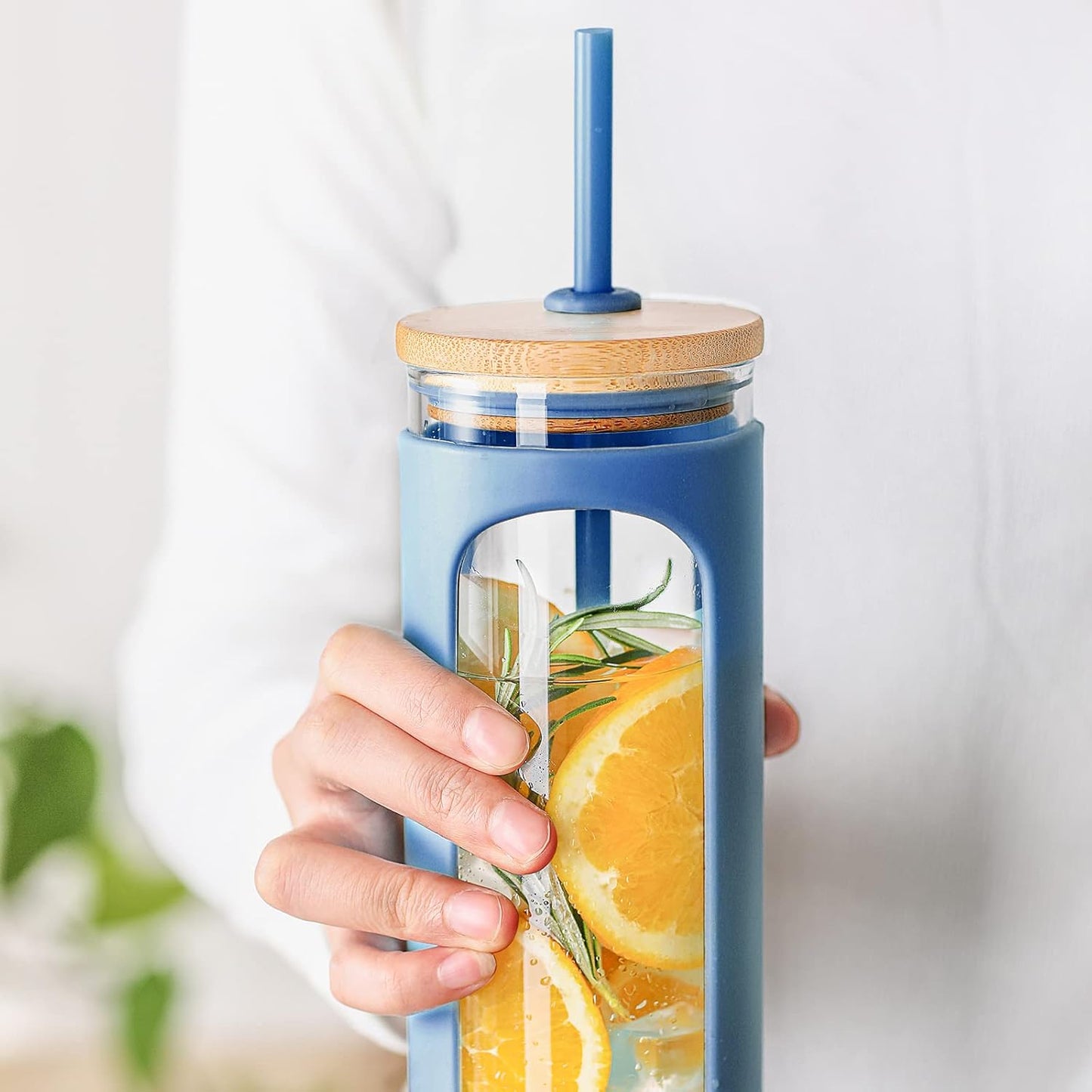 Kodrine 20oz Glass Water Tumbler with Straw and Lid, Bamboo Lids Water Bottle, Iced Coffee Cup Reusable, Wide Mouth Smoothie Cups with Protective Silicone Sleeve BPA FREE-Black - Colors B
