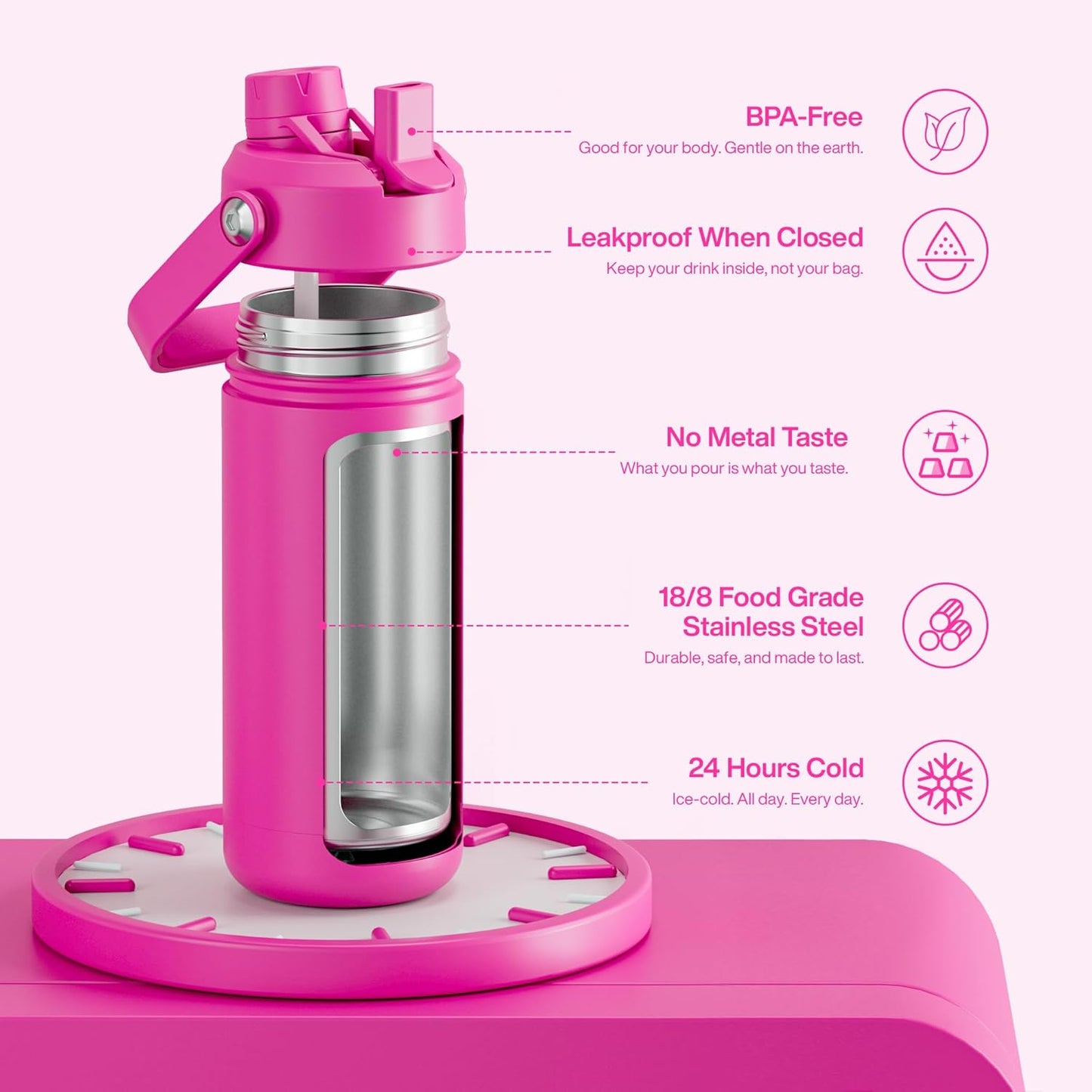 ENCOOL Insulated Water Bottle with Straw Stainless Steel Water Bottle, Leak-Proof, BPA-Free, Double Wall Vacuum Keeps Cold for 24 Hours for Sports, Travel, School (26 oz, Cotton Candy) - Colors A