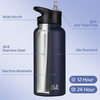 HASLE OUTFITTERS 32 oz Insulated Water Bottle Stainless Steel Double Walled Vacuum Sports Water Bottle with 2 Lids (Straw and Spout Lid) for Gym Camping Hiking(Black,1)