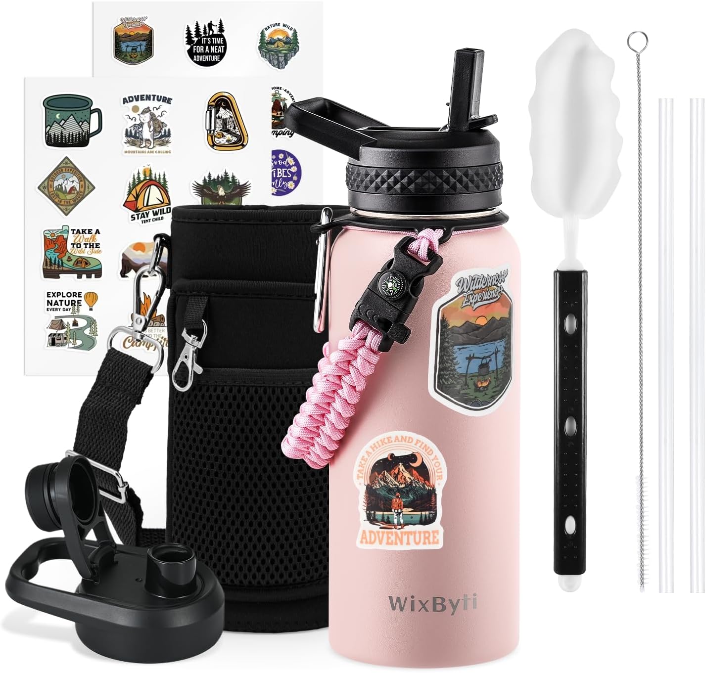 WixByti 40 oz Insulated Water Bottle with Straw (Cold for 36 Hrs), Stainless Steel Triple Wall Vacuum Sports Water Jug, Leakproof Hydro Cup Flask with Paracord Handle & Straw Spout Lids & DIY Stickers
