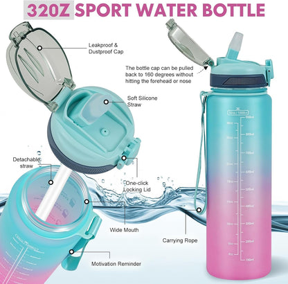 Water Bottle with Straw 1L,Boys Water Bottles with Straw 1 Litre,Waterbottle Leak-Proof Sports Water Bottle,Plastic Drinks Bottles Toxin Free，Bpa-Free (Cyan Black)