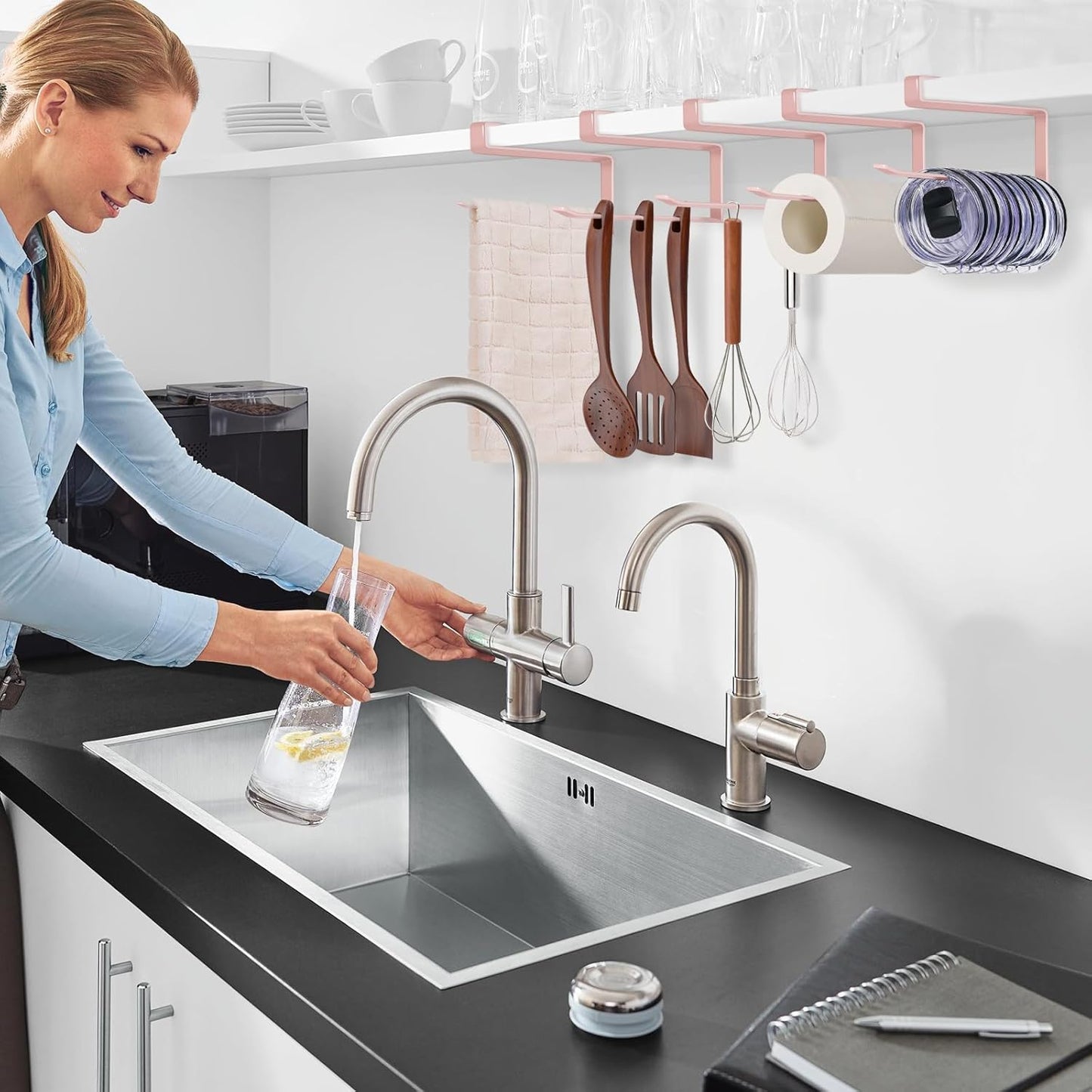 Tumbler Lid Organizer, Horizontal Tumbler Lid Storage Hook Up to 10 Lids, Space Saving Cup Lid Holders Under Cabinet Tumbler Lid Hook for Kitchen Organizer and Storage,Hanging Paper Towel Rack Hanger