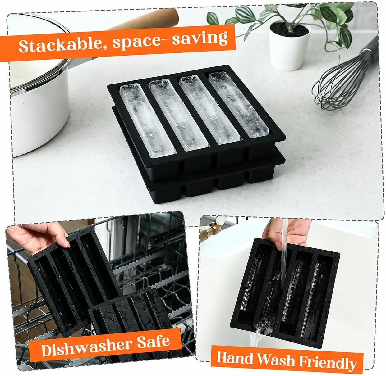 Webake Silicone Water Bottle Ice Cube Trays Mold Set of 2, Easy Release Long Ice Cube Sticks For Cocktail and Whisky