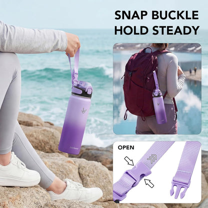 Enerbone 24 oz Insulated Water Bottle, Stainless Steel Bottle with Carrying Strap, Double-Wall Vacuum Insulation Design, Leakproof Sports Bottle with Straw, Keep Drinks Cold or Hot for Hours
