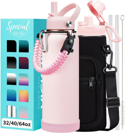 32/40/64OZ Insulated Water Bottle - Keep Cold 48H Hot 24H, Combo Straw/Spout Lids, Paracord Handle for Gym/Hiking, Carrier Bag +Strap, Cup Mat, BPA-Free Stainless Steel Flask Jug