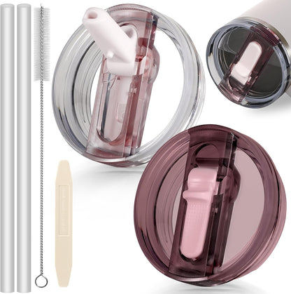 30oz Flip Straw Lid for Stanley Quencher H2.0 Tumbler, 2 Pack Leak Proof Lid Replacement No Spill Cover for Stanley Cup Accessories ProTour (Rose Quartz,Rose Quartz) - Colors A
