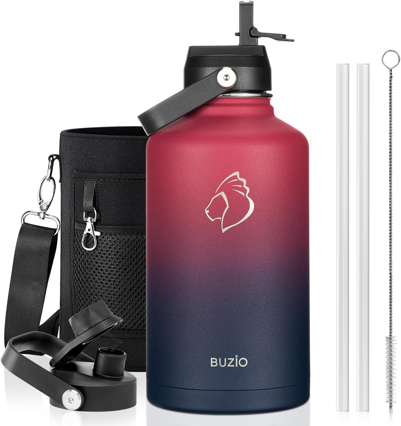 BUZIO 40oz Insulated Water Bottle, Triple Wall Vacuum Stainless Steel Water Flask with 2 lids, Lead-Free BPA-Free Straw Lid Sports Canteen Jug, Cold 48H & Hot 24H- Black - Colors B