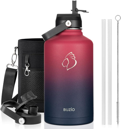 BUZIO 40oz Insulated Water Bottle, Triple Wall Vacuum Stainless Steel Water Flask with 2 lids, Lead-Free BPA-Free Straw Lid Sports Canteen Jug, Cold 48H & Hot 24H- Black - Colors B